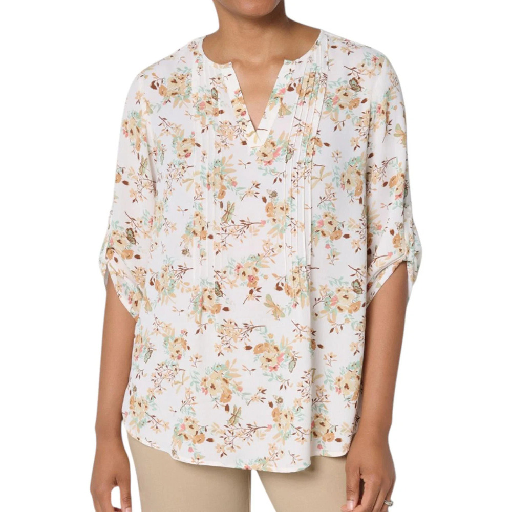 Joan Rivers Women's Georgette Split V-Neck Pintuck Blouse Ivory Floral - Regular